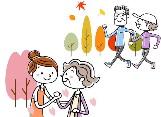 お花見のイベントを楽しむ女性たちと紅葉の下でジョギングをする老人たち
