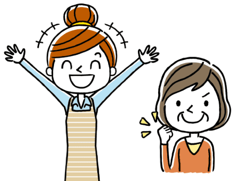 両手を挙げる笑顔の若い女性とガッツポーズをする高齢の女性
