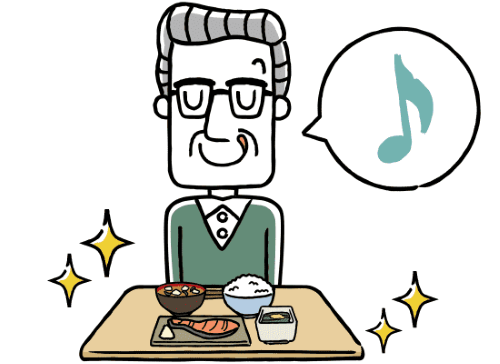 和食を前に舌なめずりをする高齢の男性
